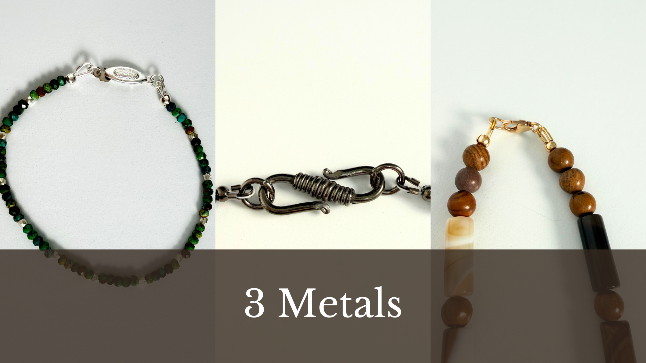 3 jewelry metals used in this collection are sterling silver, gunmetal brass, gold-filled